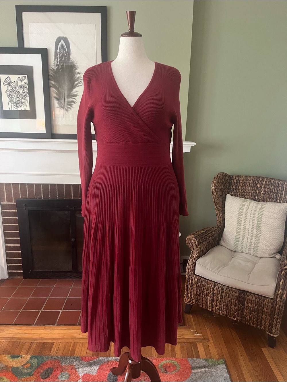 Burgundy Ribbed Knit Fit & Flare Maxi Sweater Dress | size XL